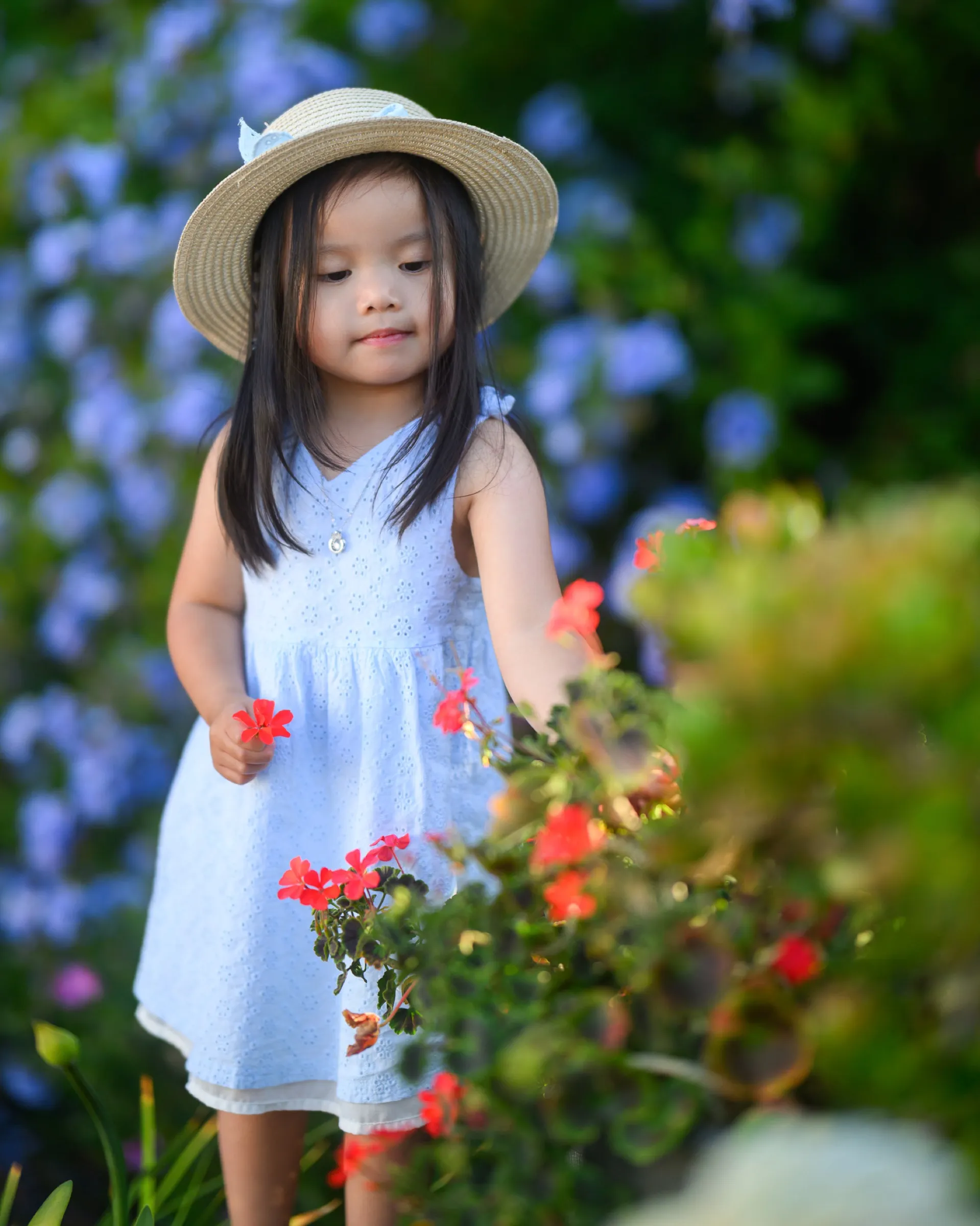 Young girl in a sunhat picking flowers in a garden